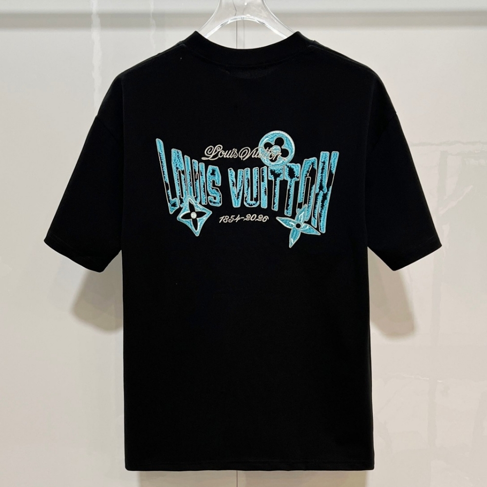 Louis Vuitton Black Short Sleeve Tee with Light Blue Embroidery